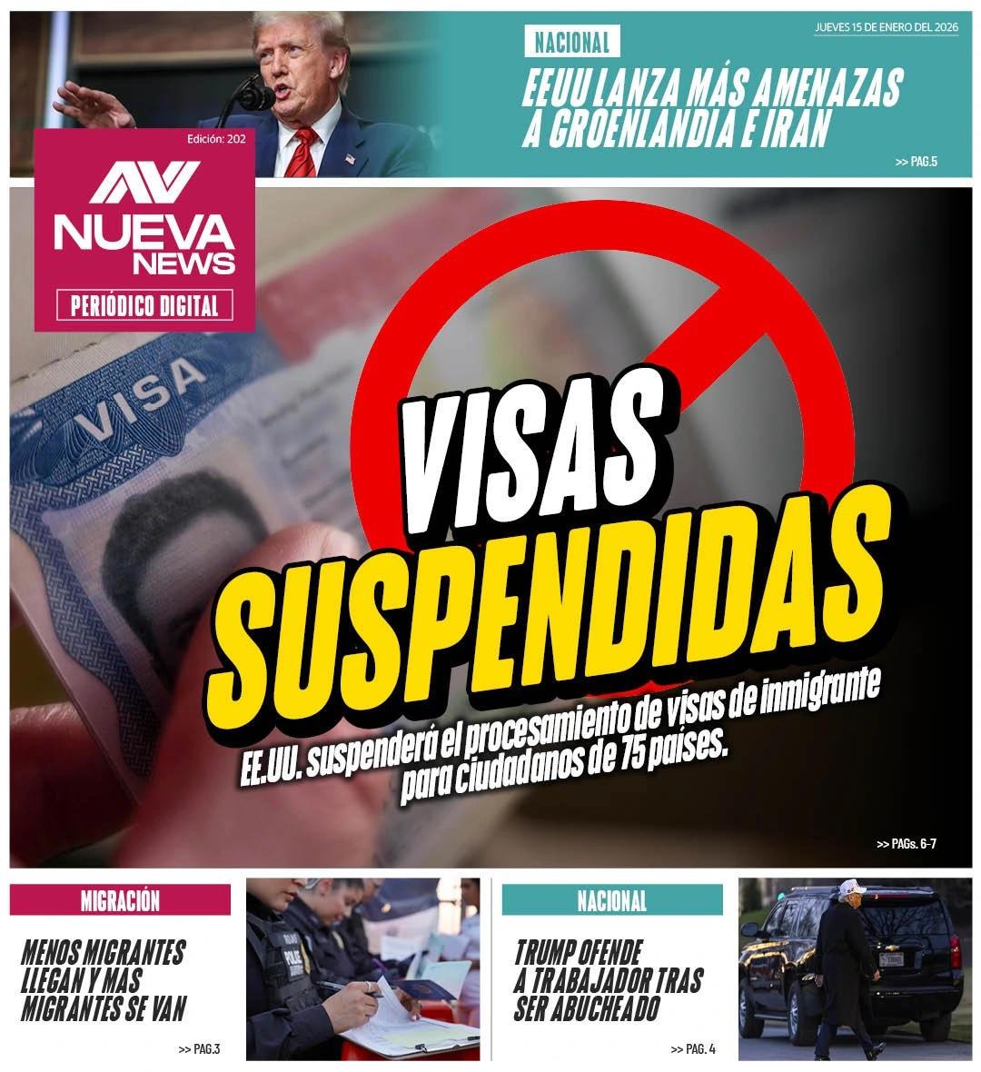 EN PORTADA: VISAS SUSPENDIDAS EE.UU. suspenderá el procesamiento de visas de inmigrante para ciudadanos de 75 países